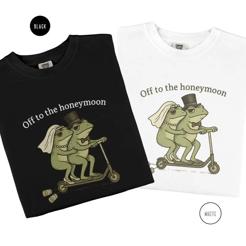 [Summer Couple Collection] Comfort Colors Funny Honeymoon T-Shirts – Bride & Groom Matching Newlywed Tees, Cute Frog Couple Graphic, Soft Garment-Dyed Unisex Shirts, Just Married Wedding or Vacation Gift for Couples