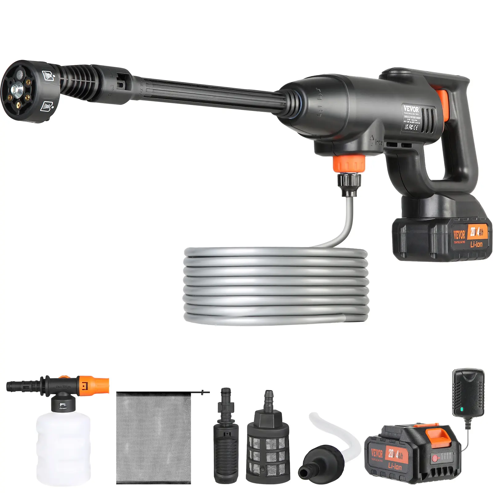 【summerfinds】VEVOR Cordless Pressure Washer, 580-PSI 1.1 GPM Portable Power Cleaner, Handheld High-Pressure Car Washer Gun with 4.0Ah Battery, Charger, 6-in-1 Nozzle, for Home/Floor Cleaning & Watering, Car Wash Accessory, Portable Pressure Washer