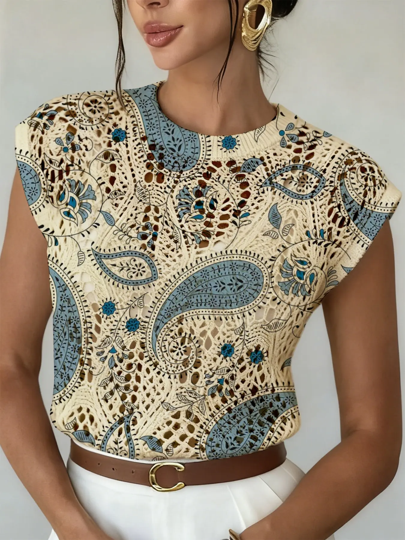 Women's Vintage Paisley Print Round Neck Sweater, Casual Loose-Fitting Knit Top, Breathable Hollow Design, Spring Summer Fashion