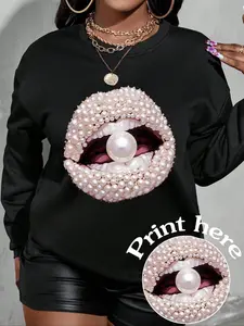 Sexy Pearl Lips Print Letter Combo Fleece Pullover Hoodie, Fall Winter Holiday Style Loose Fit Geometric Pattern Cute Sweatshirt