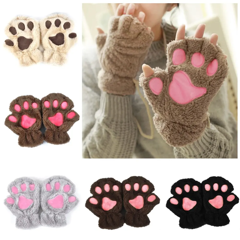 Adorable Half Cover Paw Bear Cat Claw Gloves - Soft Embroidered Palms, Snowy Colors