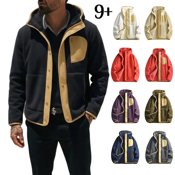Men’s color-block stand collar fleece jacket with thickened plush lining for autumn/winter casual outerwear