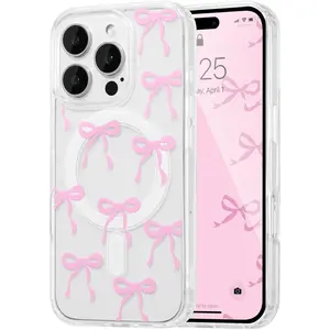 Magnetic for iPhone 16 15 14 13 Pro Max Plus Case, Bow Case Compatible with MagSafe, Wireless Slim Clear Ribbon Aesthetic Phone Cover Anti-Yellowing Shockproof Protective Cover for Women Girl