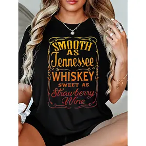 Women's 100% Cotton Crew Neck Short-Sleeve T-Shirt - "Smooth as Tennessee Whiskey" Graphic Print, Casual Fashion Tee, Washable Machine-Washable Women's T-Shirt, Summer Streetwear Fitted Top, Tshirt