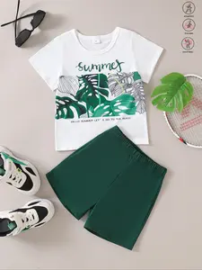 Two-Piece Set Toddler Boy's Letter Print Tee & Track Shorts Set, Casual Round Neck Short Sleeve T-shirt & Elastic Waist Shorts, Summer Clothes for Kids Toddler Outfit