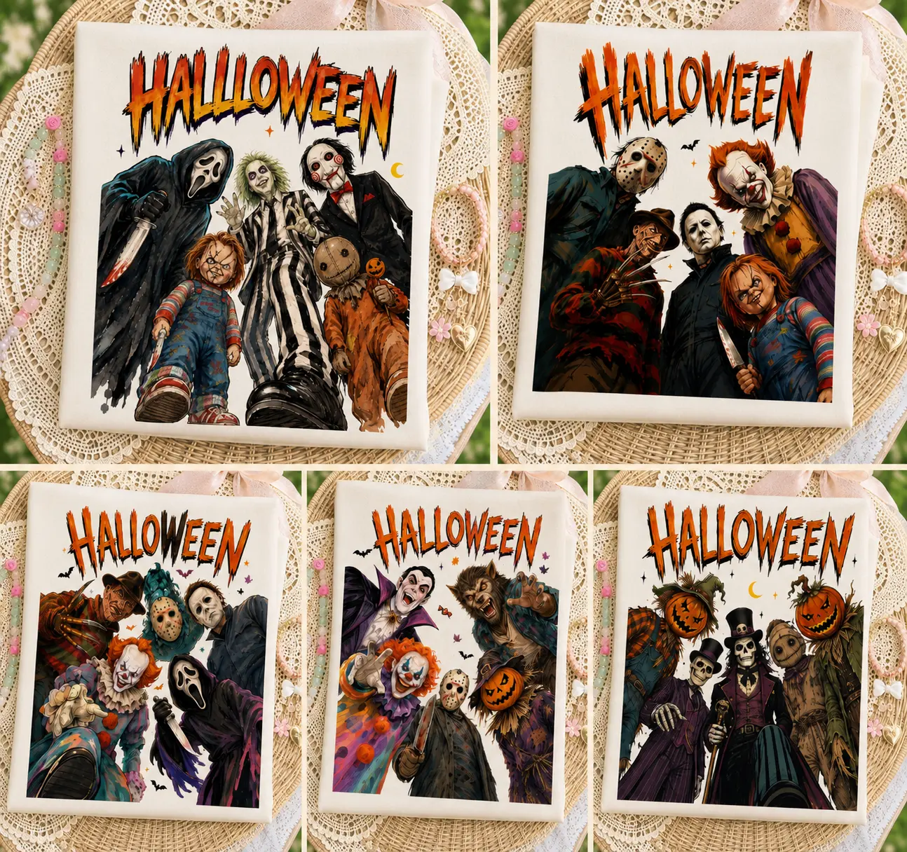 18 Options Stripe Halloween Horror Characters Shirt, Spooky Season Shirt, Scary Movie Collection Tshirt