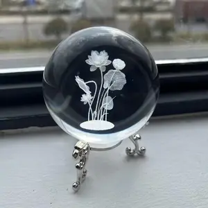 60mm 3D Crystal Lotus Decoration, Silver Color Metal Base, Home Decor Crystal Ball, Elegant Ornament for Living Room