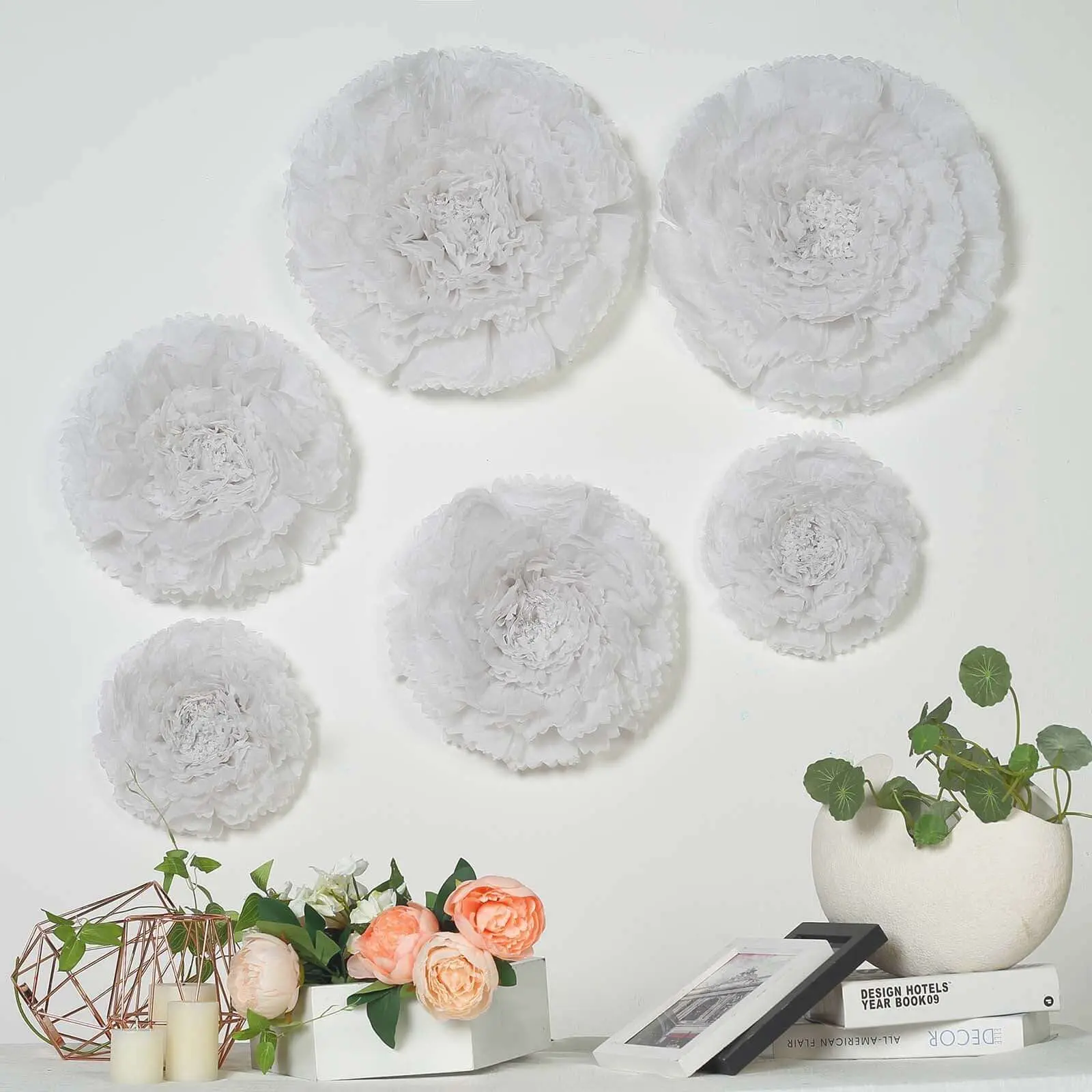 6-Piece Multi-Size Giant Carnation 3D Paper Flower Wall Decor Set (White, 12in-16in-20in) - Sweet Warming Flower Crafts for Home Nursery Decor, Six Pieces, Baby