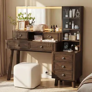 FURMAX 48" Wood Makeup Vanity with Charging Station & LED Mirror, 5 Drawers, Glass Cabinet