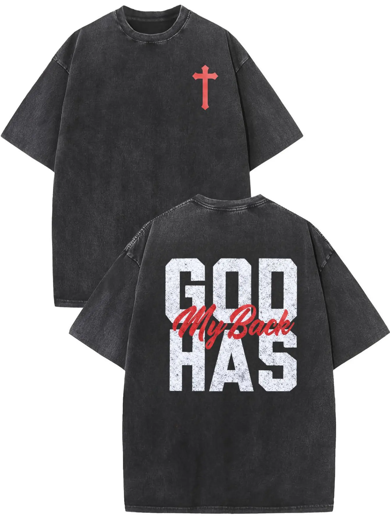 Men's vintage double-sided cotton T-shirt God Has My Back Cross All-season loose and breathable, trendy sports and daily casual wear suitable for multiple occasions