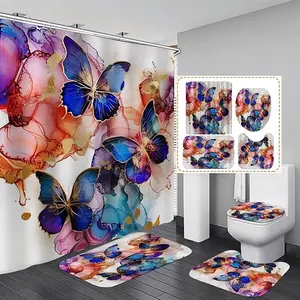 Butterfly Bathroom 4 Piece Set Polyester Shower Curtain Bath Mat Contour Rug Toilet Lid Cover Elegant & Durable