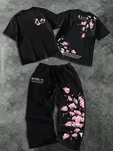 Men's Fashion Casual Two-Piece Set, Soft Comfortable Cherry Blossom Floral Graphic Print Round Neck T-Shirt and Drawstring Wide Leg Pants Menswear