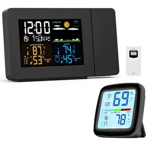 SC91 Projection  Clock for Bedrooms with Weather Station and SC42 Professional Digital Hygrometer Indoor Thermometer Room Humidity Gauge Temperature and Humidity Meter & Pro Accuracy