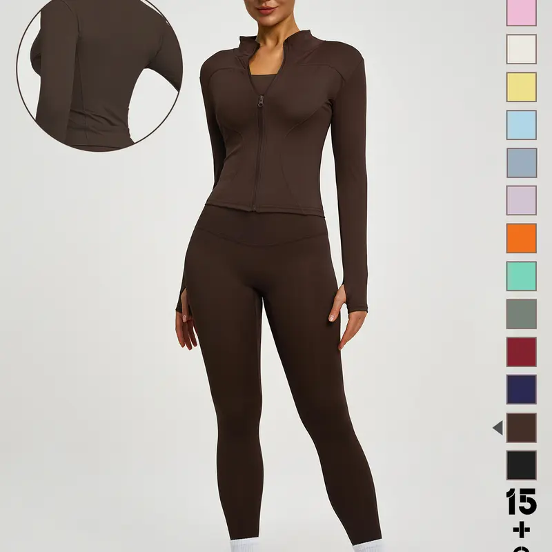 Women's 2-Piece Athleisure Activewear Set - Zip-Up Full-Sleeve Jacket with Thumbholes, High-Elastic Slim-Fit Pants, for Yoga, Running Gym Workouts, S, Gray