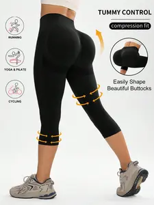 1 piece of women's sports and fitness cropped pants, with a solid color belly cinching and hip lifting design, suitable for outdoor sports such as yoga, Pilates, running, and cycling Workout Legging Capris