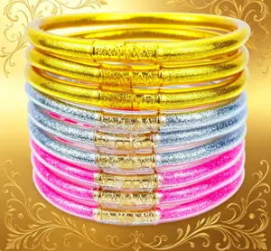 Bull Ring Stamped Bracelets, Glitter & Jelly Bracelet Set, 9-Piece Silicone Gold Filled Bracelet, Layered Sparkling Bangles for Women, Sparkle & Shine Your Way!