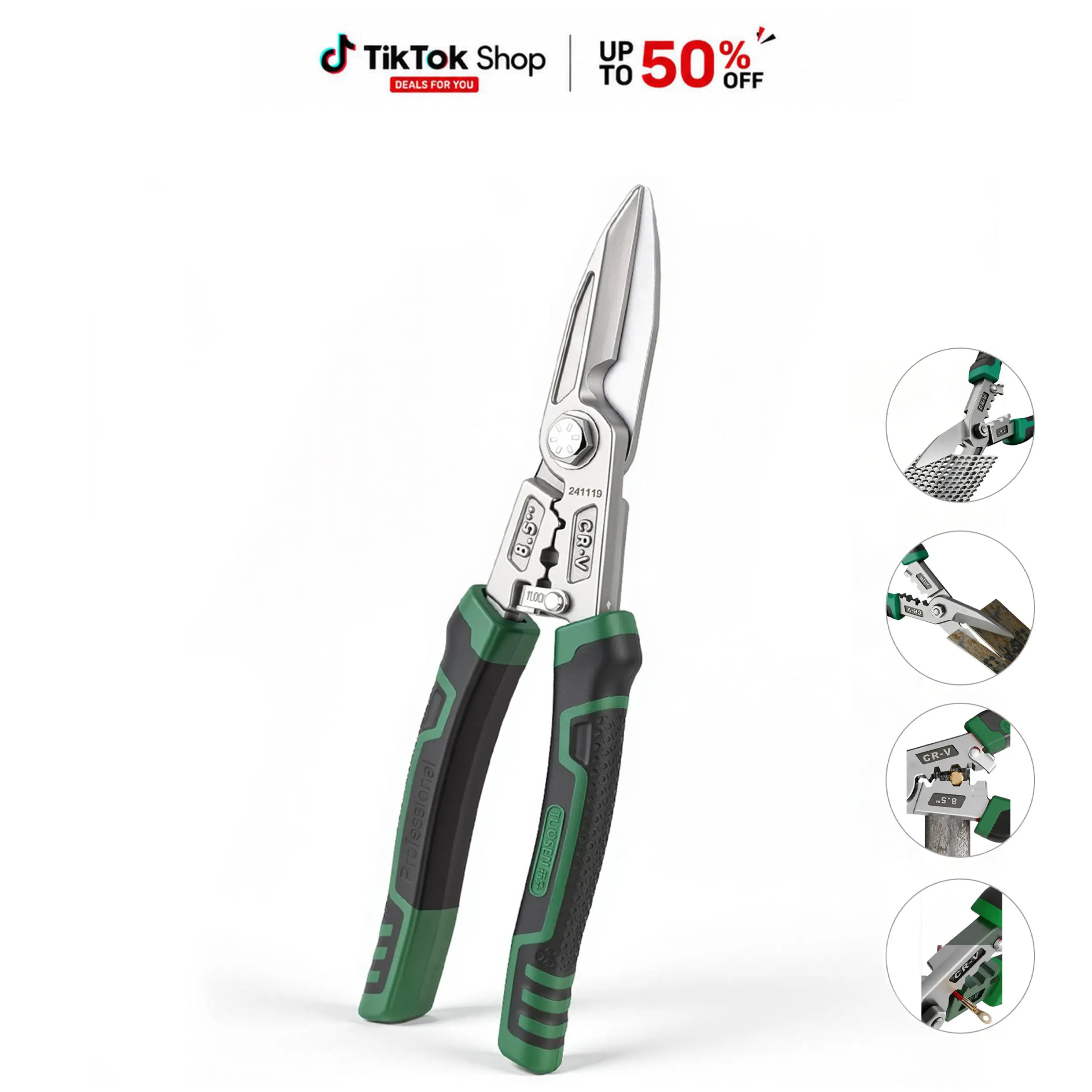 5 in 1 Heavy Duty Tin Snips Metal Shears CR V Steel Stainless Steel Sheet Metal Cutter Wire Cutter Wire Stripper Crimper Cable Cutting Tool for Light Steel Keel DIY Renovation