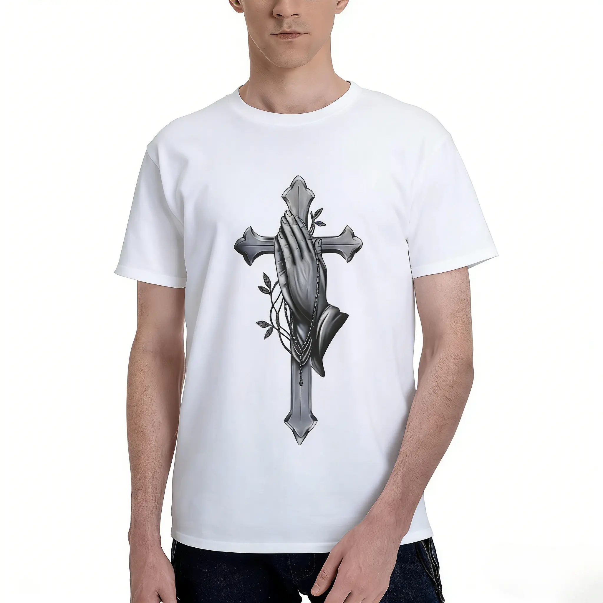 Men's Oversized Short Sleeve Cotton T-Shirt - 95% Cotton-5% Stretch Fabric, Micro-Stretch, Cross & Prayer Case Design, Black Street Style Top Tee for Fitness, Gym