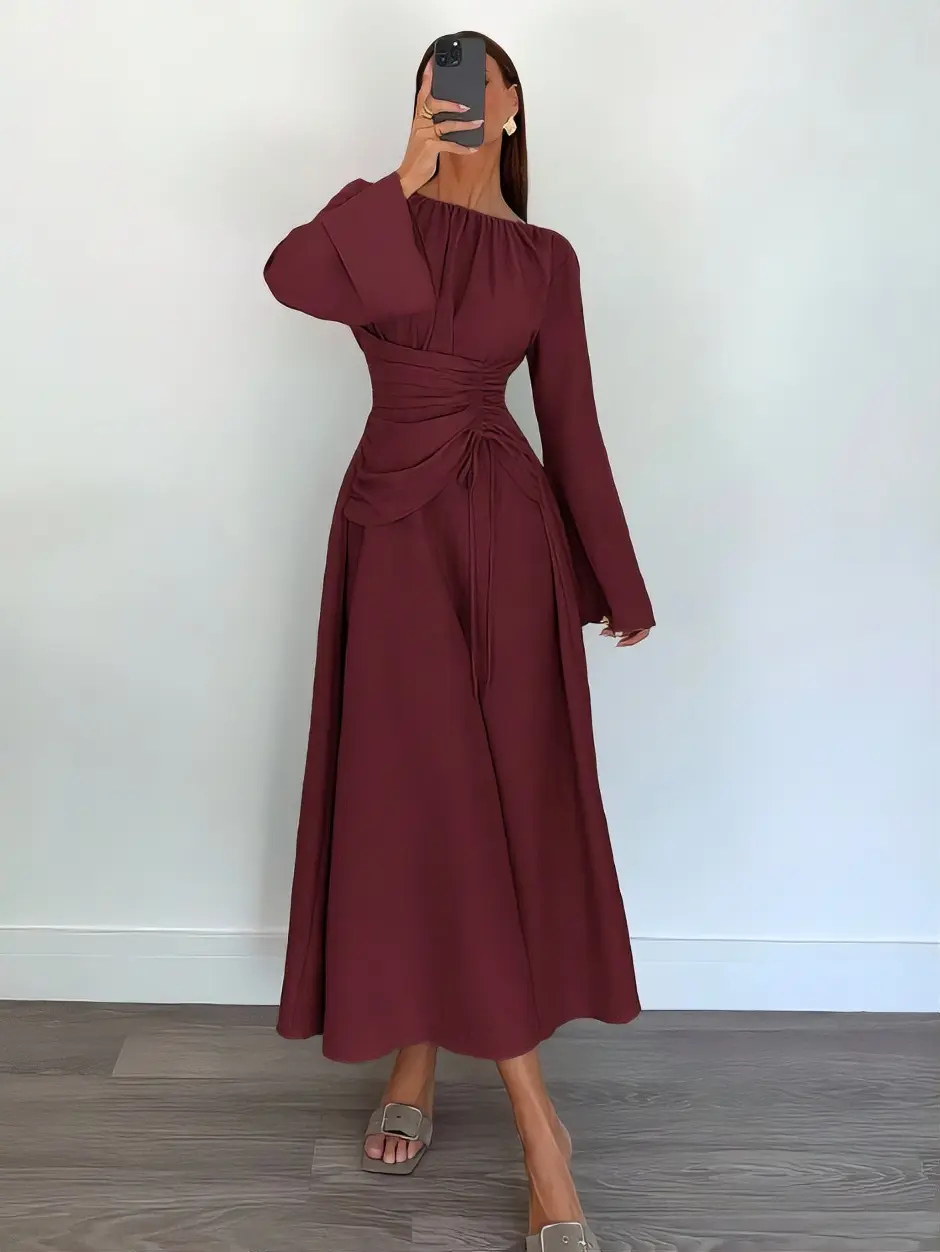 Women's Dark Green Autumn Elegant Tea Party Round Neck Bell Sleeve Waist Tie Dress,Business Casual Teacher Outfit,Winter Chic Evening Dress