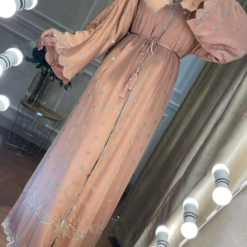 Nidah Beige Rhinestone Dubai Abaya with Headscarf and Belt, Loose Fit - Muslim Fashion Women's Islamic Clothing