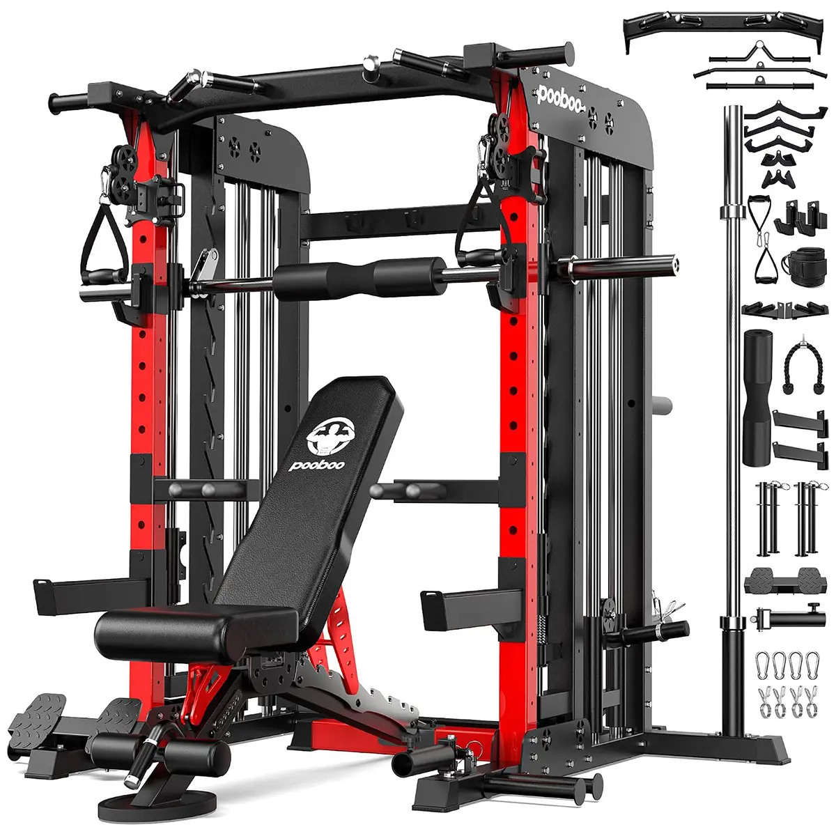 Pooboo Power Cage Smith Machine - 2000LB Squat Rack, Dual Pulley Cable System, LAT Pulldown, Cable Crossover, All-in-1 Home Strength Training Equipment with Adjustable Stations & Training Attachments
