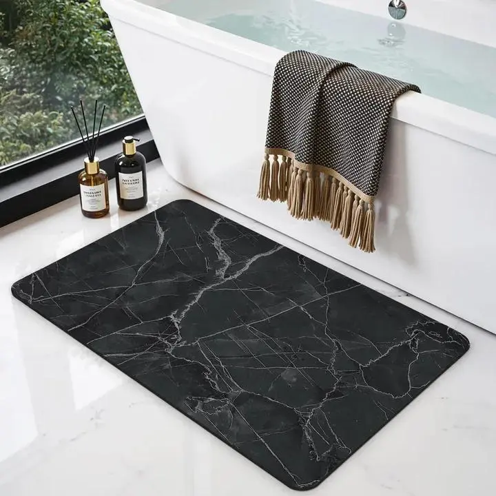 DEXI Rectangle Bathroom Mat, 16x24 in Ultra-Thin Low-Profile Non-Slip Rubber Bathroom Rug, Absorbent Quick-Dry Fade-Resistant Marble Design Bathmat (Turquoise, Green, Leather Beige), Bathroom Rugs