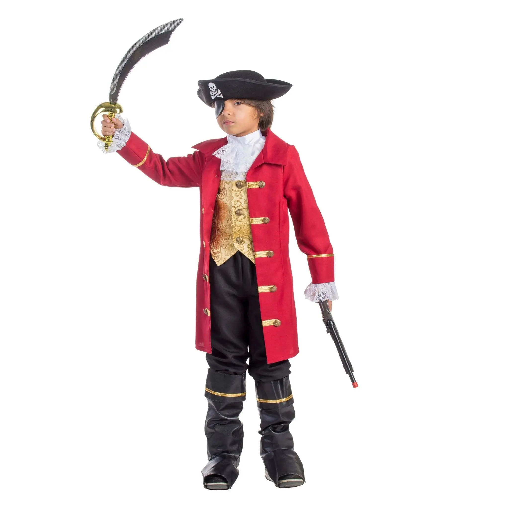 Pirate Costume for Kids - Red Long Jacket with Gold Trim, Attached Vest, Black Pants, Boot Covers & More - Perfect for Halloween & Fantasy Dress-Up Party