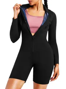Women's body shaping + sauna sweating dual-function tummy control jumpsuit, thermal control fiber coated fabric promotes sweating and slimming, jumpsuit long sleeve shorts suitable for all seasons