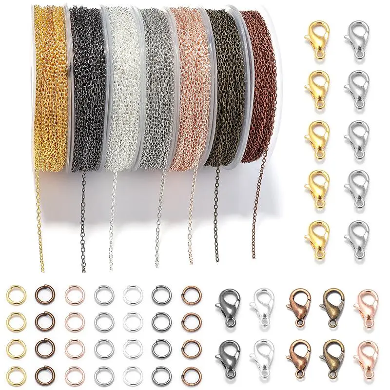 3m/Roll Metal Iron Cross Chain Jump Rings Link Chain Lobster Clasps Jewelry Making Set DIY Necklace Bracelet Earrings Materials
