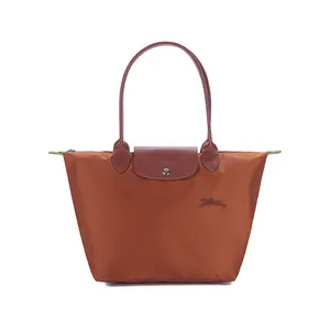Longchamp Le Pliage Green 28 Tote Bag with Snap Closure, Zipper Opening, Long Handle, and Leather Trim for Women in Brown