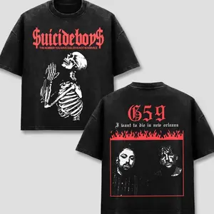 $uicideboy$ T-Shirt, G59 I Want To Die In New Orleans Tee, G59 Skeleton Praying Graphic Top, Vintage Acid Wash Black Oversized Shirt, Retro Hip Hop Rap Merch, Goth Streetwear, Men Women Short Sleeve Heavyweight Cotton Wear NSB
