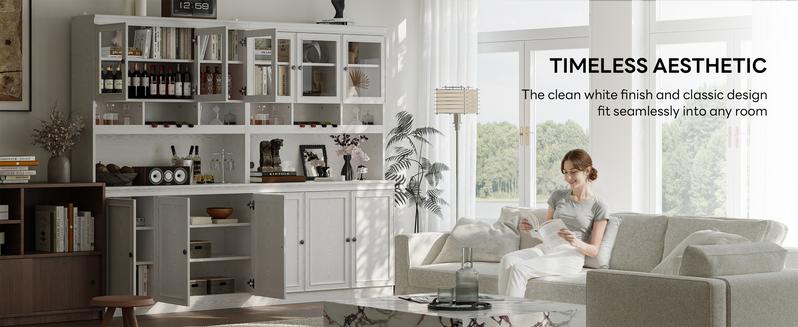 LIKIMIO 74.8" Cabinet with Glass Doors, Tall Kitchen Pantry, Storage Cabinet with Microwave Stand, 4 Adjustable Shelves, Wine & Glass Station, Modern Display Cabinet for Home Living Room