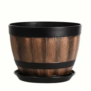 2 Pack Rustic Whiskey Barrel Planter Pots, Imitation Wood Grain Plastic Flower Pots with Drainage Holes & Saucers, 4L Large Garden Plant Container for Outdoor Indoor Planting