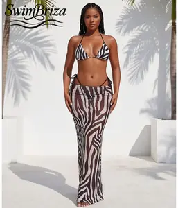 Briza｜Black White Zebra Print Triangle Halter Bikini Top and Tie-Side Sheer Maxi Skirt Cover Up Two-Piece Swimsuit Set for Women Trendy Vacation Beachwear Bathing Suit Summer Pool Swimwear, Women's Swimwear, Bathing Suit for Women