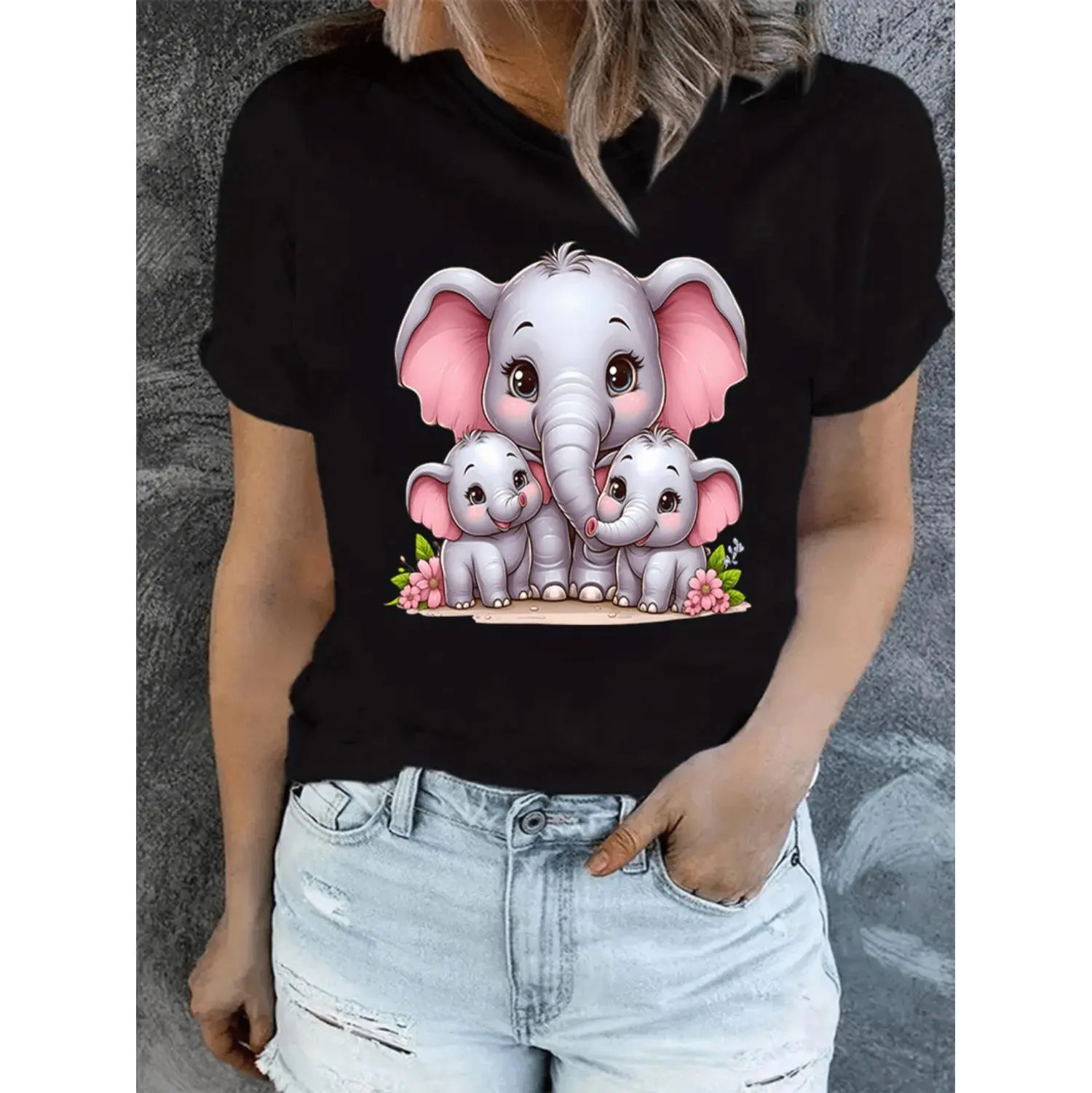 Playful Pink And Gray Elephant Graphic T-Shirt For Women Soft Stretchy Round Neck Casual Comfort Top With Cute Family Design Perfect For All Seasons