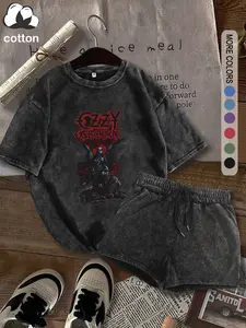 Heavy metal style women's suit, cotton casual T-shirt shorts two-piece suit, street Y2K casual round neck washed cotton suit for casual outing, women's summer wear