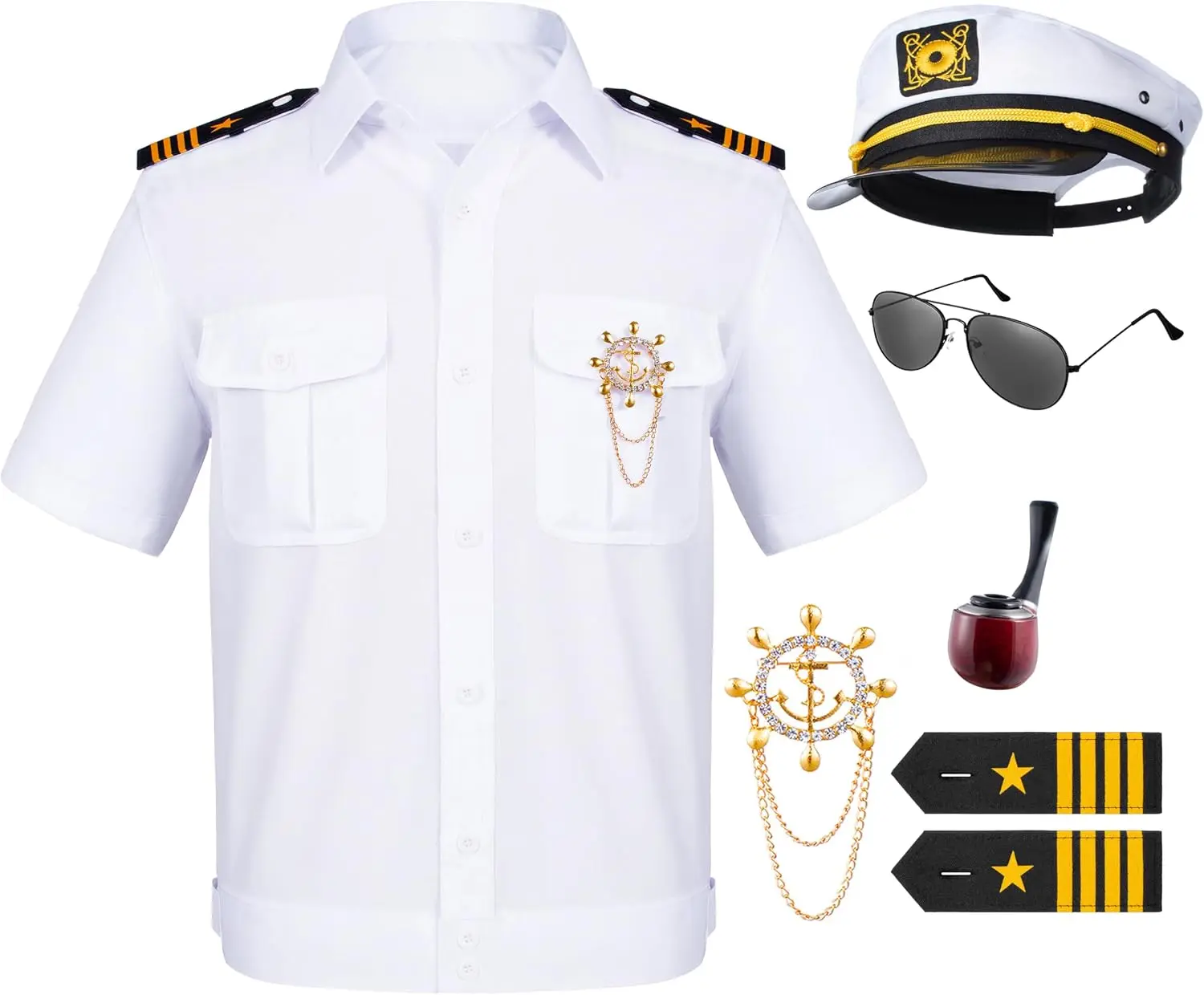 6PCS Men's Yacht Captain Sailor Costume Adult Shirt Hat Accessories Set Party CosplayGift.