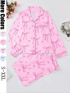 Women's 2-Piece Pajama Set, Bowknot Print, Holiday Party Sleepwear, Loungewear, Soft Shirt Collar Top & Elastic Pants, Casual Home Wear