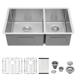 Logmey 33x19 Double Bowl Kitchen Sink Undermount 60/40 33 Inch 2 Bowl Kitchen Sinks 304 16 Gauge Stainless Steel Sink 33x19x9
