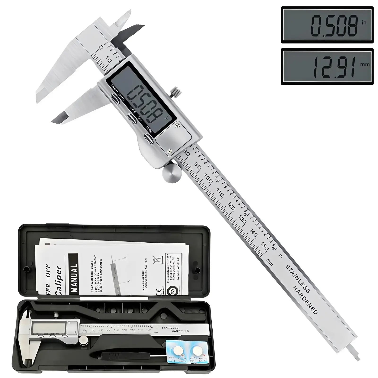 Digital Caliper,Caliper Measuring Tool,with Stainless Steel,Electronic Micrometer Caliper with Large LCD Screen,Auto-Off Feature,Inch and Millimeter,Conversion (6 Inch/150 mm),for DIY/Household,IP54 Splash Proof