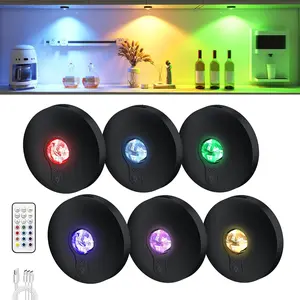 Rechargeable RGB Puck Lights with Remote Control,2000mAh High Capacity  Operated RGB Cabinet Lighting,Dimmable Tap Stick &  Mount  Closet Light for Kitchen Counter,Shelve