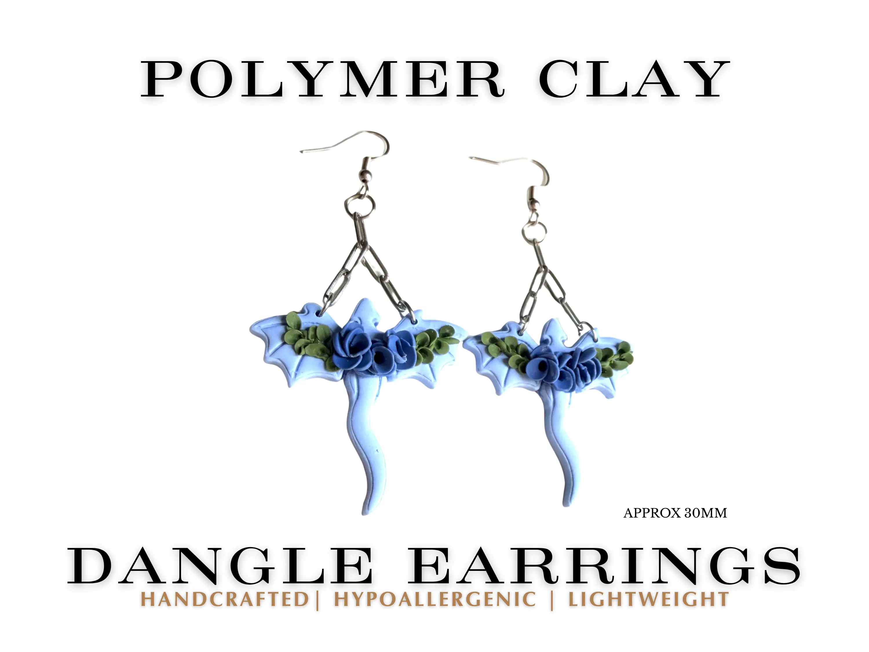 Floral Dragon Dangle Earrings | Blue Fantasy Dragon Jewelry | Polymer Clay Fantasy Earrings | Handmade Witchy Statement Earrings