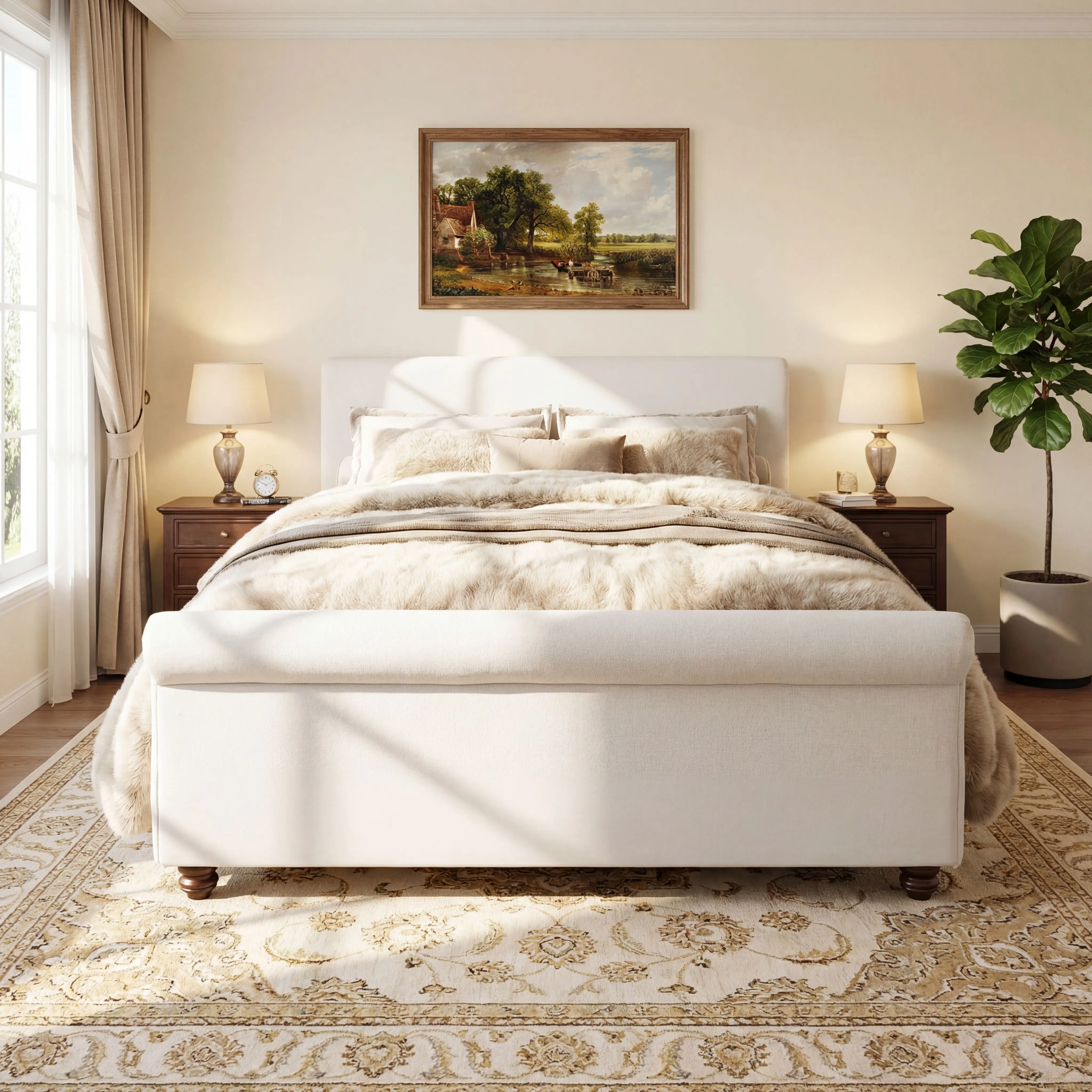 Queen Size Linen Upholstered Platform Bed Frame with Headboard, Rubberwood Legs and 800 lb Capacity, White/Beige