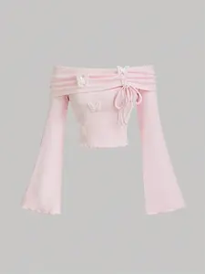 Women's One-Shoulder Long Sleeve Top with Bow Design, Slim-Fit Sweet Style Casual Summer Fashion, Perfect for Dating & Travel