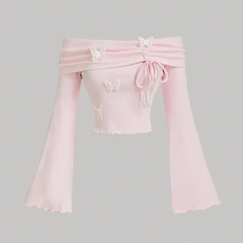 Women's One-Shoulder Long Sleeve Soft Knit Top with Bow, Knot and Butterfly Design, Aesthetic Casual Knitwear, Slim-Fit Sweet Style Casual Lightweight Summer Fashion Knitwear, Perfect for Dating & Travel, Womenswear