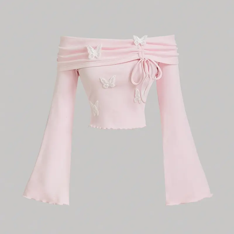 Women's One-Shoulder Long Sleeve Soft Knit Top with Bow, Knot and Butterfly Design, Aesthetic Casual Knitwear, Slim-Fit Sweet Style Casual Lightweight Summer Fashion Knitwear, Perfect for Dating & Travel, Womenswear