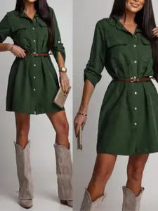 Women's Spring Summer New Elegant Velvet Lapel Long Sleeve Womenswear Dress with Pockets and Metal Buttons, Stylish Fashion Clothing