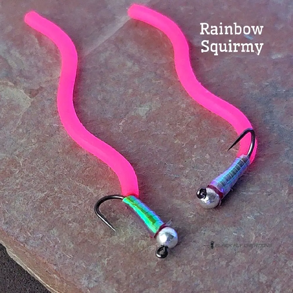 Black Fly 2-Pack (Rainbow Squirmy) Worm, Tungsten Jig Trout Flies, Jigged Fly Fishing Fly Worms For Euro Nymphing, Tenkara or Traditional Dead Drifting, The Rainbow Warrior of Squirmy Worms, Fly for Trout, Panfish, Salmon, Grayling by Black Fly Creations