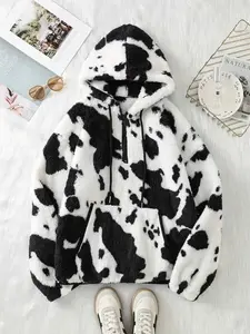 Women's Half-Zip Hooded Fleece Jacket, Womenswear Elegant Warm Drawstring Long Sleeve Coat with Pockets, Fall Winter Set