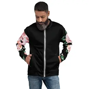 Pink Roses Virgen de Guadalupe Unisex Bomber Jacket 100% Polyester with Floral All-Over Print, Fleece Fabric Inside, 2 Self-Fabric Pockets, Black